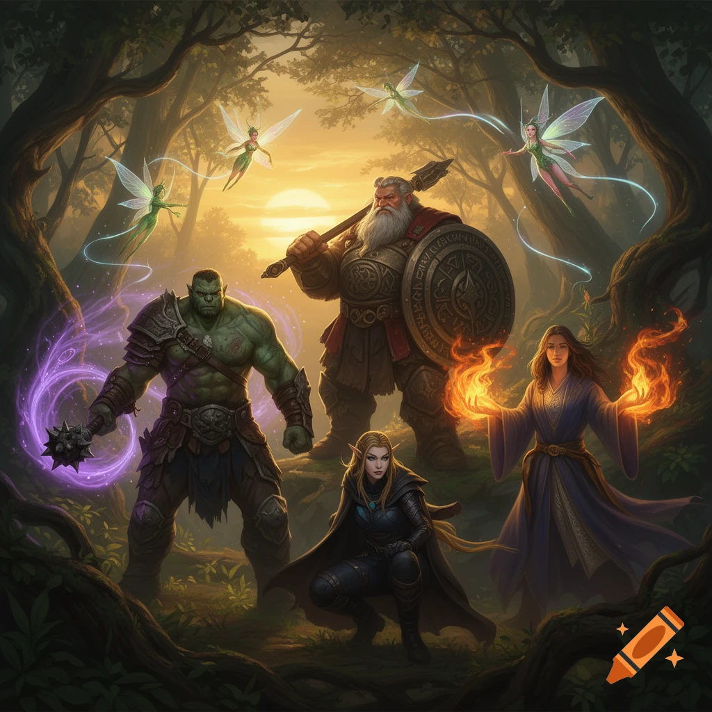 A group of fantasy heroes including an orc, dwarf, elf, and human mage with fairies in a magical forest at sunset.