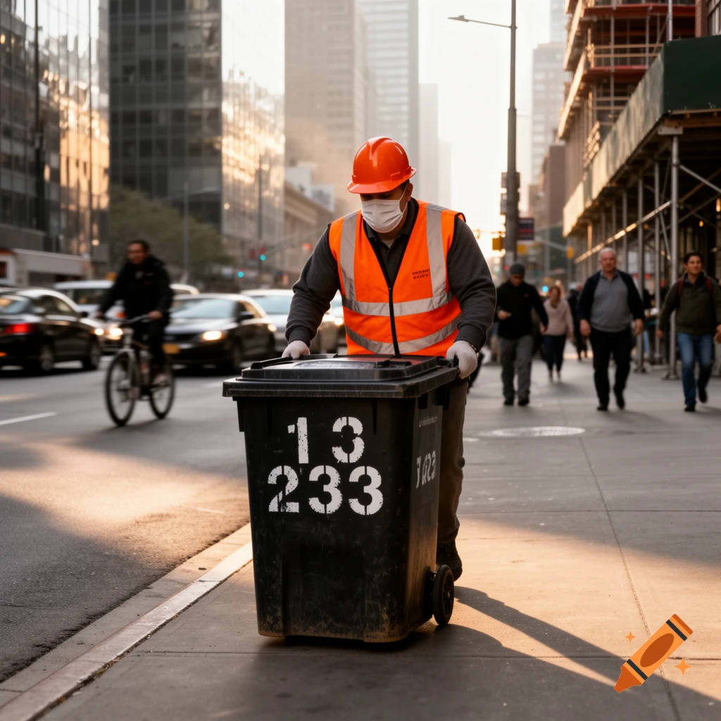 A garbage worker in a hard hat, face mask, and orange safety vest pushes a large black trash bin on a city sidewalk at sunset. Buildings and traffic are in the background.