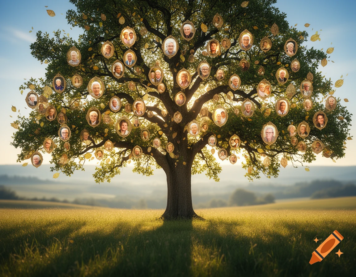 A photorealistic image of a large green tree in a grassy field, with numerous framed portraits hanging from its branches like leaves, symbolizing a family tree.