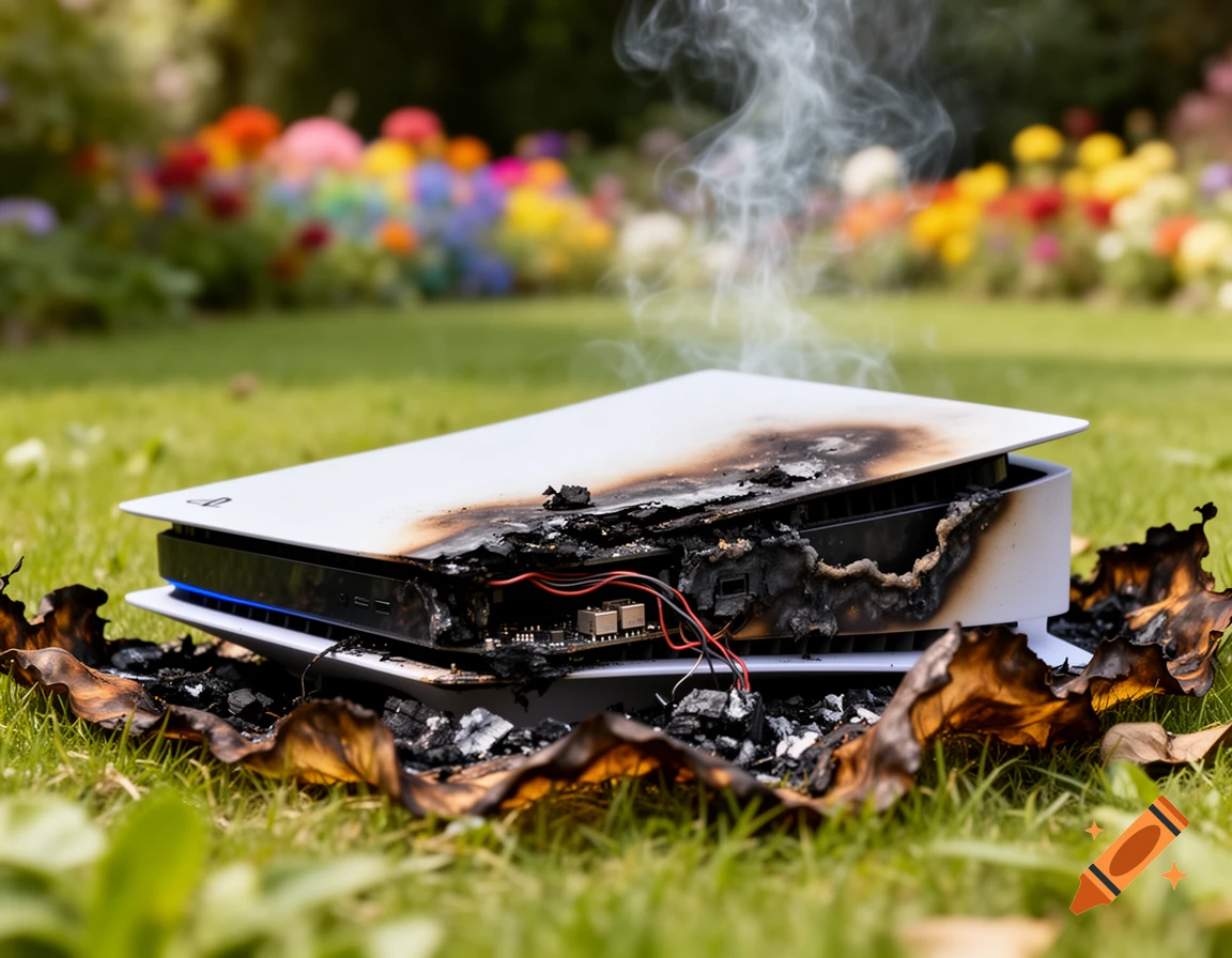 A burnt and smoking PlayStation 5 console lies on green grass in a vibrant garden, photorealistic.
