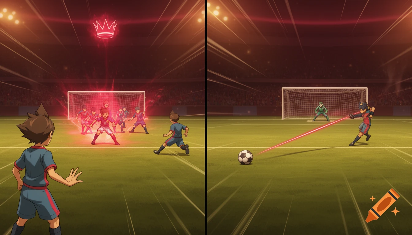 Two anime panels depict a soccer match. Left, a player watches a teammate with a red crown aura near the opponent's goal. Right, the player takes a long-range shot with a red energy beam.