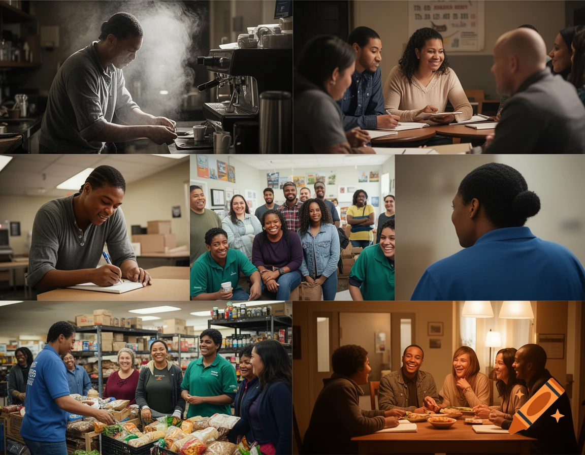 Photorealistic collage showing a person making coffee, a group in a classroom, a person writing, a group posing, a person helping at a food bank, and a family eating dinner.
