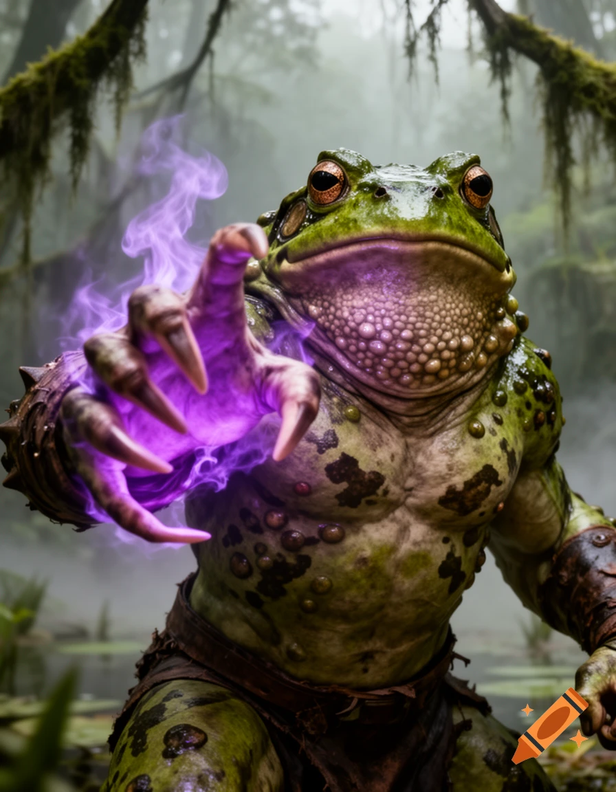 A muscular frog-orc hybrid with glowing purple magic coming from its hand, standing in a misty swamp.