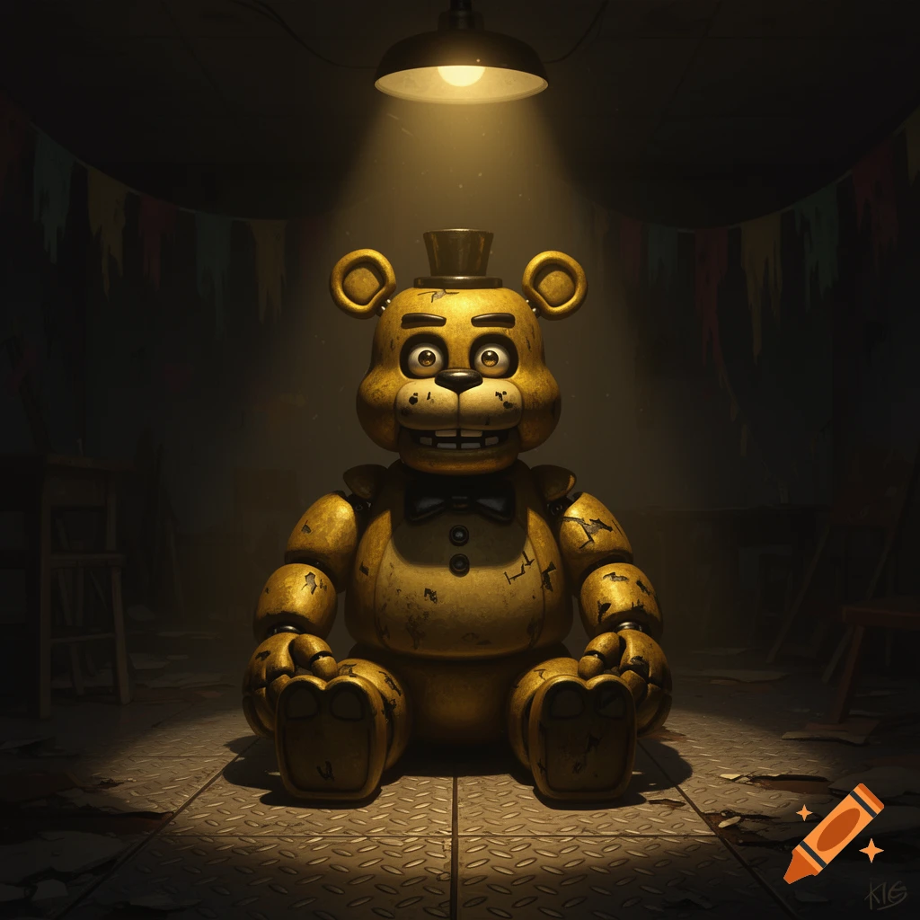 Golden Freddy animatronic with a top hat and bowtie sits on a grimy floor, illuminated by a spotlight in a dark room.
