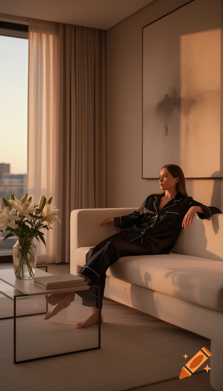 A woman in black silk pajamas sits on a modern white couch, looking out a large window during sunset, with lilies on a coffee table and abstract art on the wall.