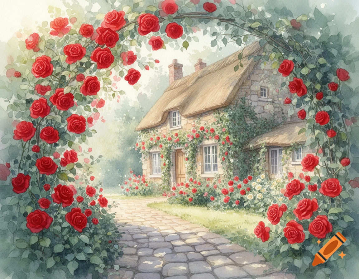 Watercolor painting of a charming stone cottage with a thatched roof, surrounded by a lush garden of red roses and a stone path.