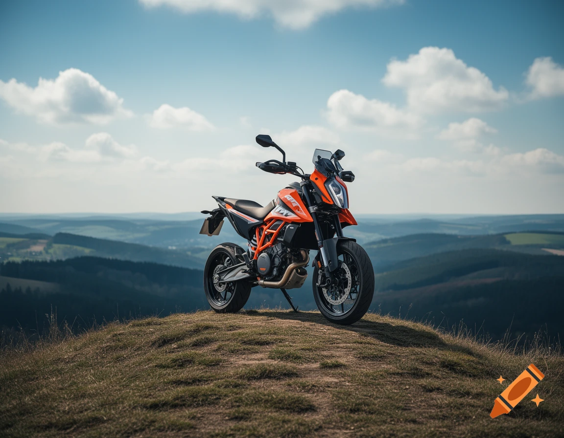 An orange and black KTM motorcycle parked on a grassy hilltop overlooking rolling hills under a blue sky. Photorealistic.