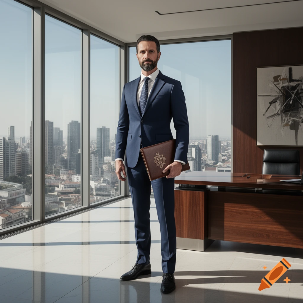 A man with a beard in a navy suit holds a portfolio in a modern office with a cityscape view.