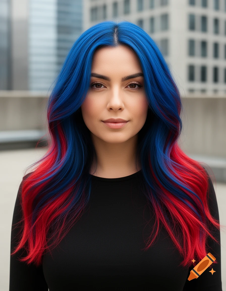 A photorealistic portrait of a woman with vibrant blue and red hair, wearing a black top, against a blurred city background.