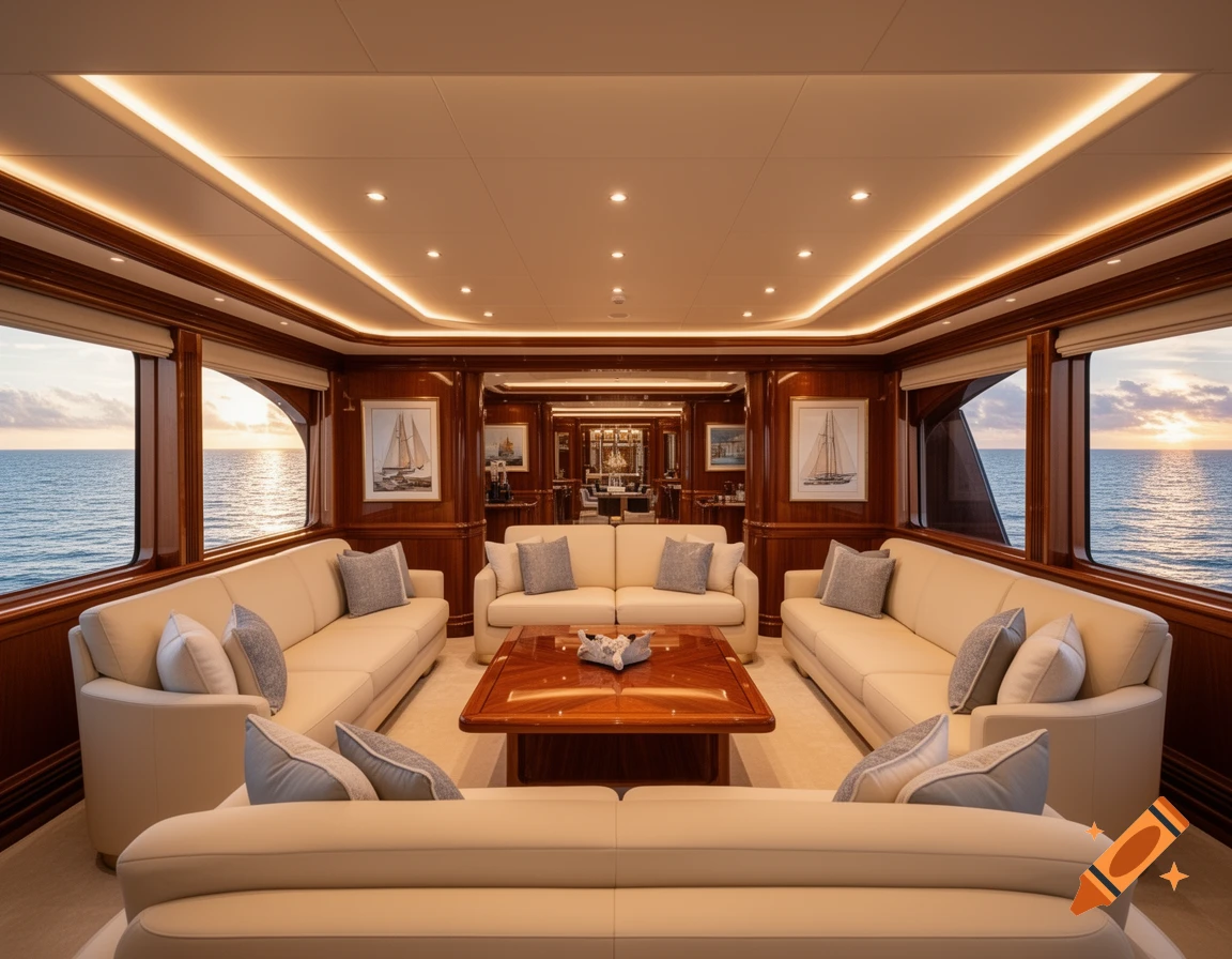 Luxurious yacht interior with cream sofas, wooden walls, and large windows overlooking the ocean at sunset.
