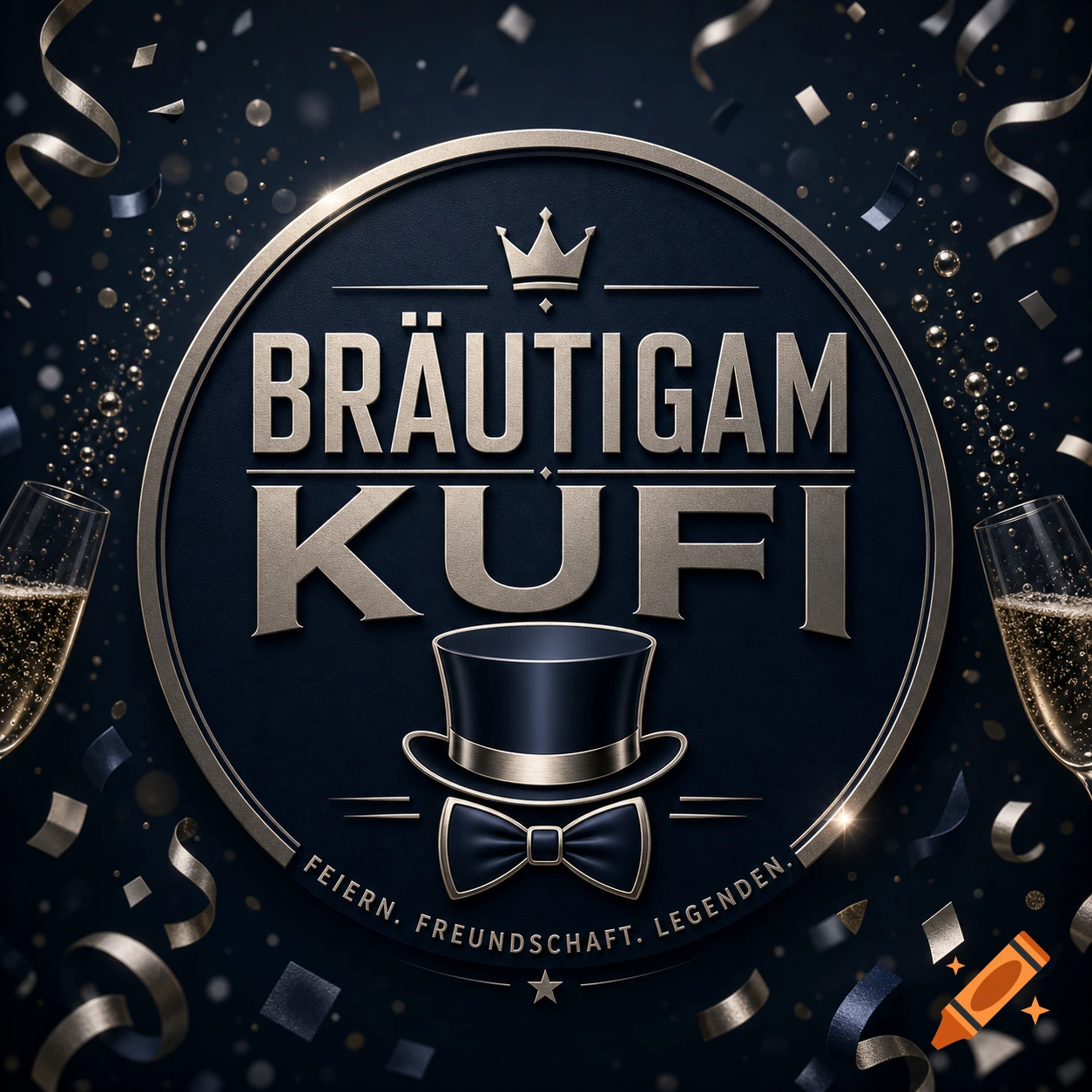 Gold and black circular logo with 'BRÄUTIGAM KUFI' text, a crown, top hat, bow tie, champagne glasses, and confetti.