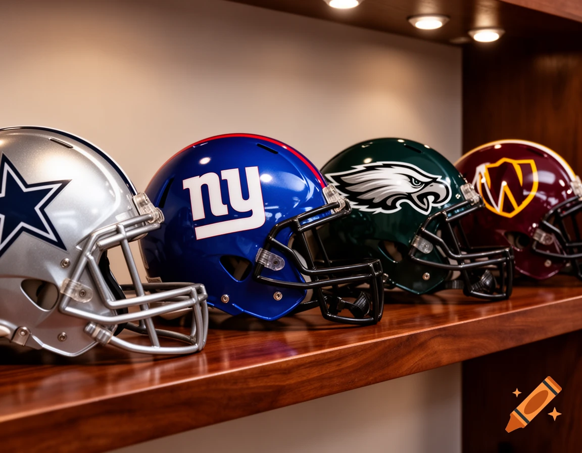Four NFL helmets, including Dallas Cowboys, New York Giants, Philadelphia Eagles, and Washington Commanders, displayed on a wooden shelf.