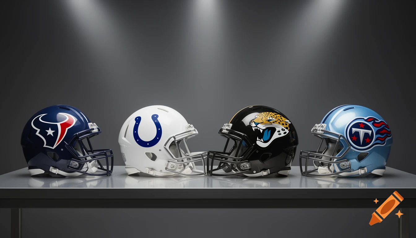 Four NFL helmets, including the Houston Texans, Indianapolis Colts, Jacksonville Jaguars, and Tennessee Titans, displayed on a table.