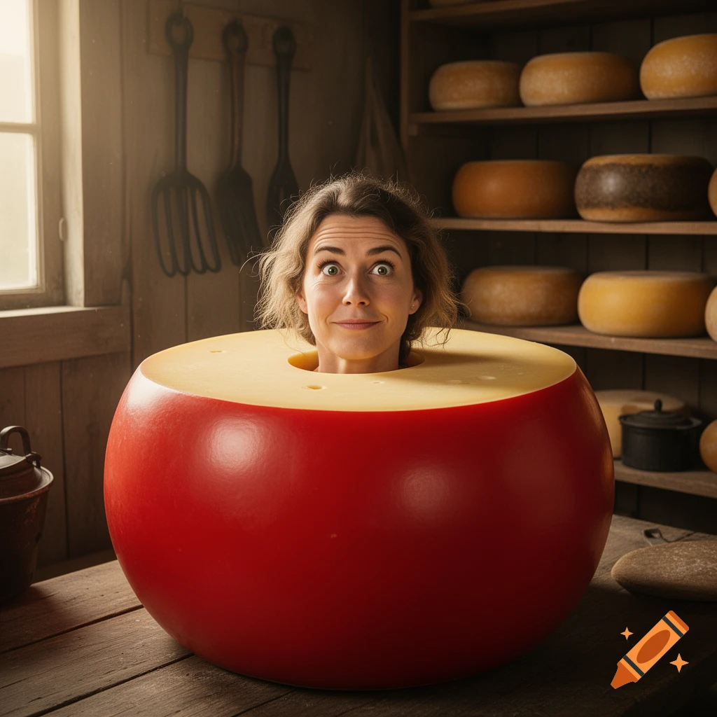 A surprised woman is encased in a giant Edam cheese ball on a wooden table, with shelves of cheese in a photorealistic setting.