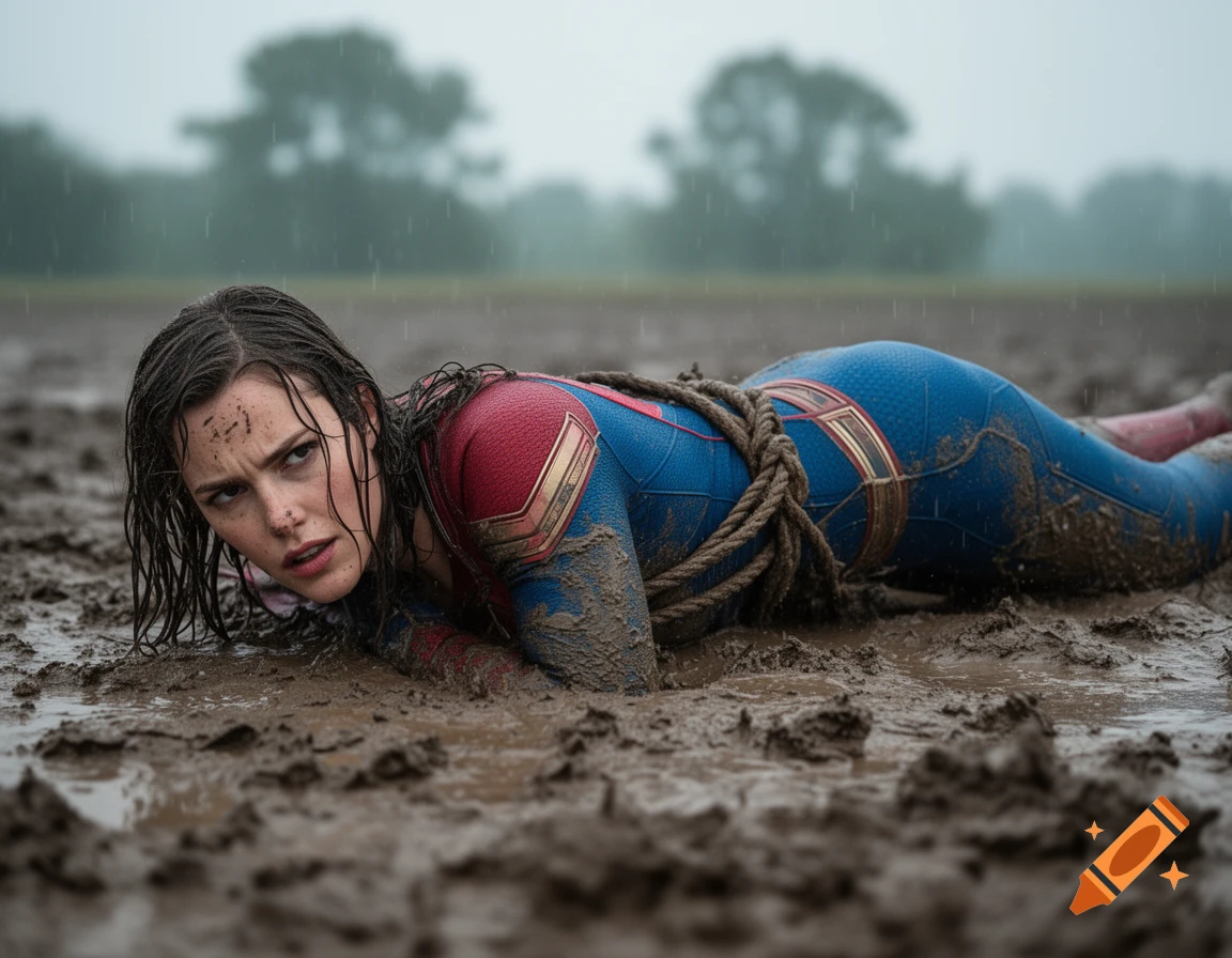 A female superhero in a blue and red suit, tied with ropes in a hog-tie, lies on her stomach in deep mud during a rain shower, looking distressed.