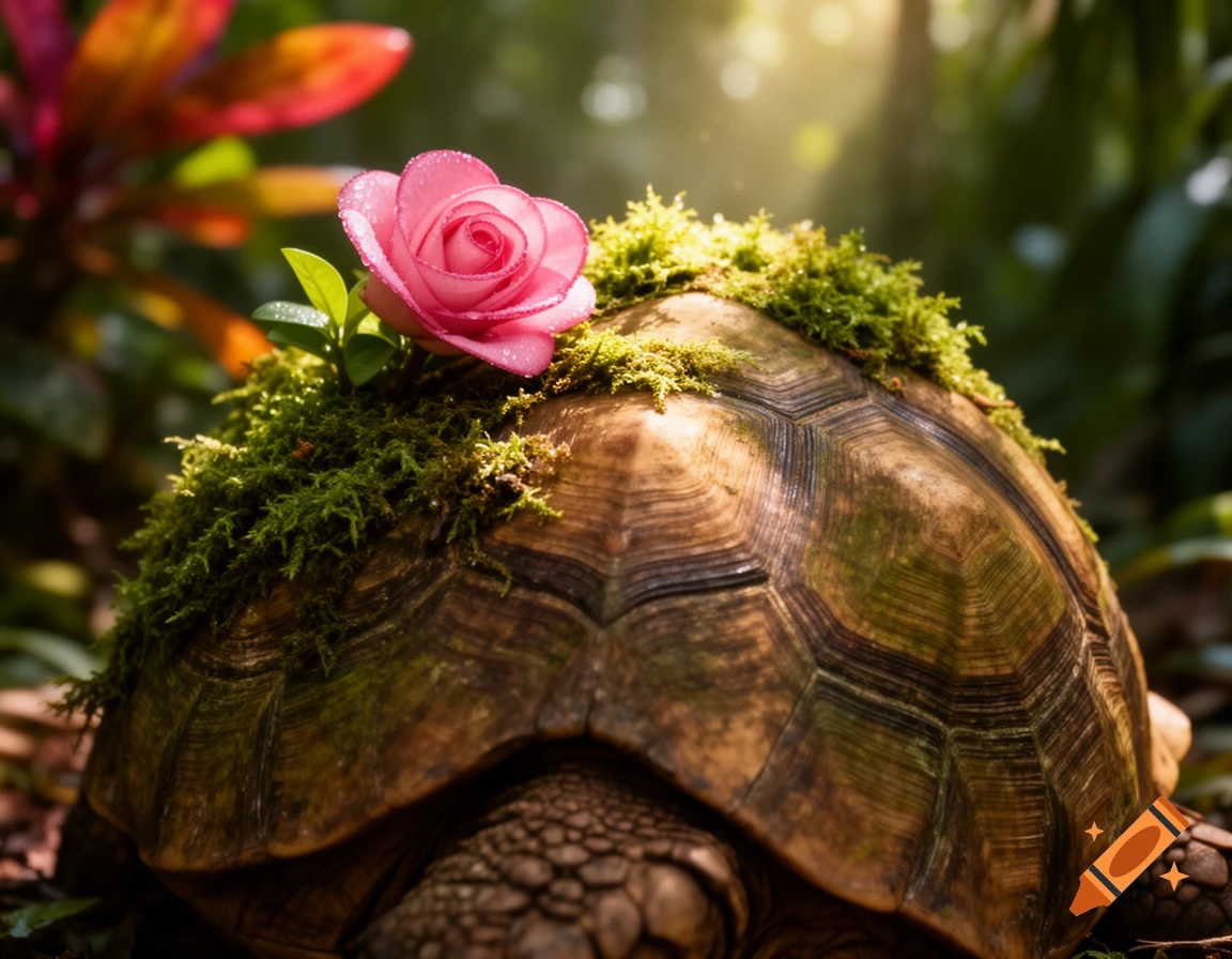 A close-up, photorealistic shot of a tortoise shell covered in green moss, with a single pink rose and green leaves growing on top, bathed in sunlight.