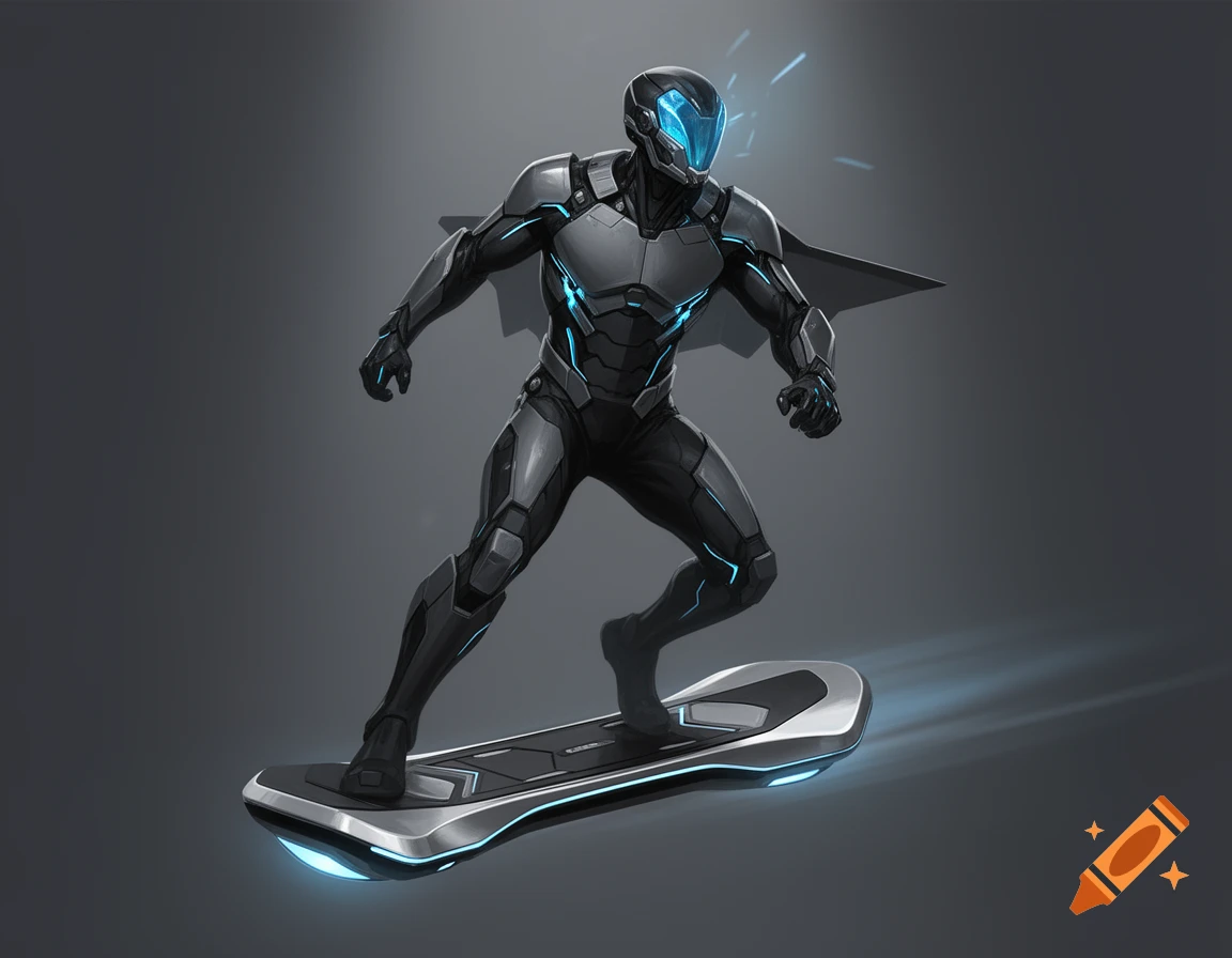 A concept art rendering of a high-tech superhero in black and grey armor with blue glowing accents, riding a sleek silver hoverboard.