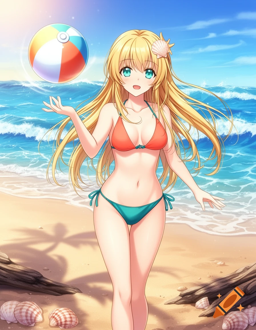 An anime girl with long blonde hair and green eyes wearing an orange and teal bikini stands on a sunny beach with a beach ball.