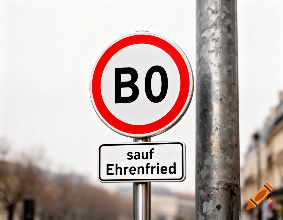 Photorealistic image of a French B0 speed limit sign on a metal pole, with a rectangular sign below reading 'sauf Ehrenfried'.