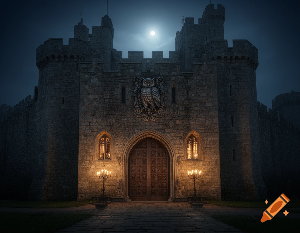 A dark, medieval castle with an owl crest above a grand wooden door, illuminated by glowing windows and candelabras under a full moon at night.