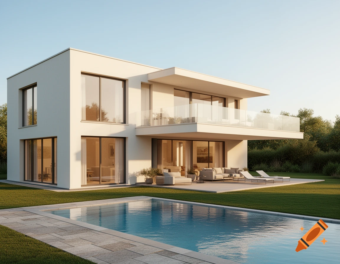 A modern, white two-story house with a wrap-around terrace, a balcony, and a rectangular swimming pool in a sunny, photorealistic outdoor setting.