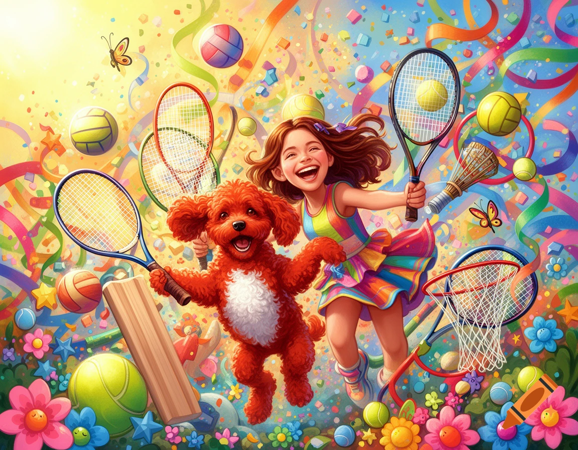 Vibrant illustration of a cheerful girl and a red dog holding tennis rackets amidst colorful sports equipment, confetti, and ribbons.