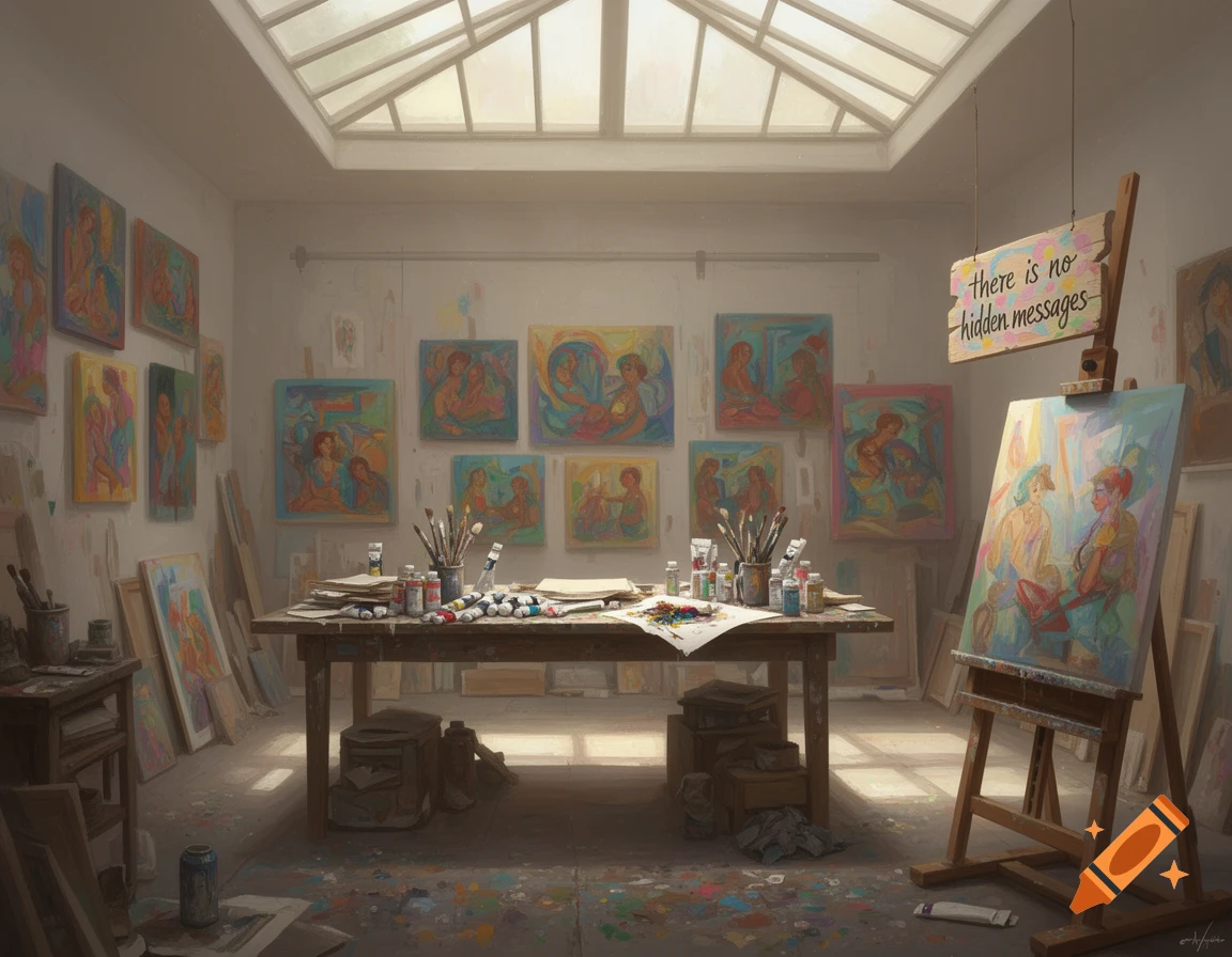 An artist's studio filled with colorful paintings, art supplies on a large table, and an easel holding a canvas. A sign reads 'there is no hidden messages'.