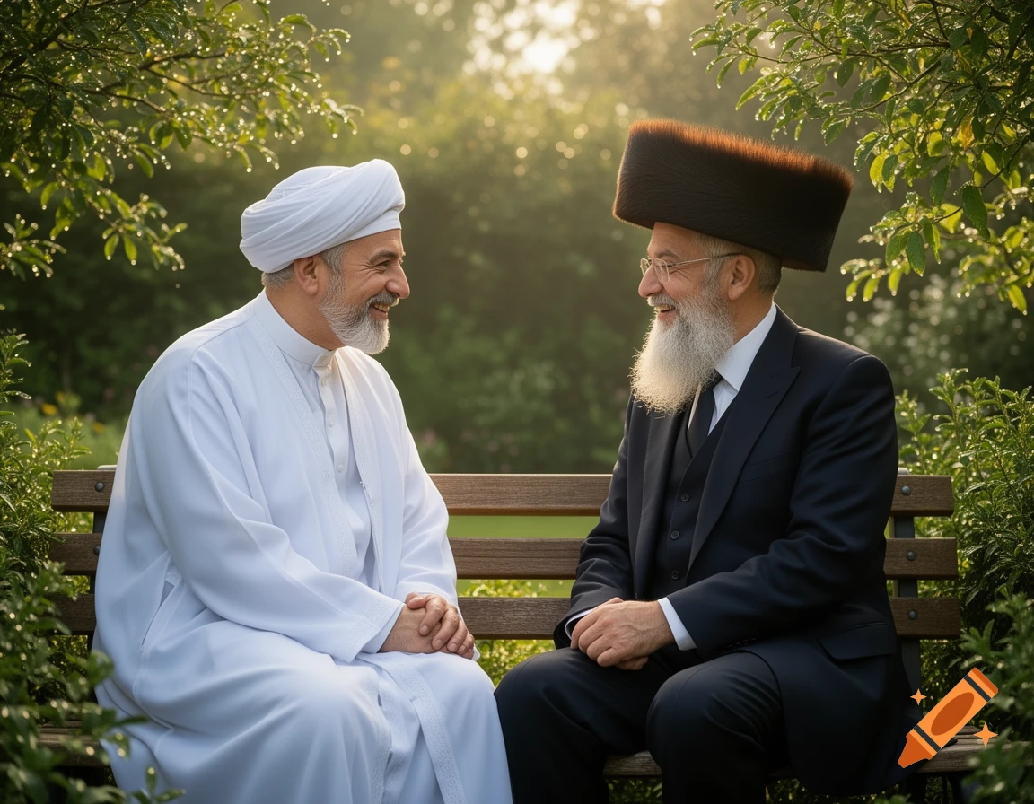 Two smiling religious men, one in a white turban and robes, the other in a black suit and fur hat, sit on a park bench surrounded by green foliage.