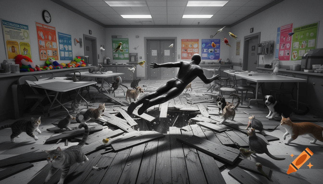 A spy in a black suit falls through the floor of a veterinary clinic, scattering cats, dogs, and birds in a dramatic, cinematic style.