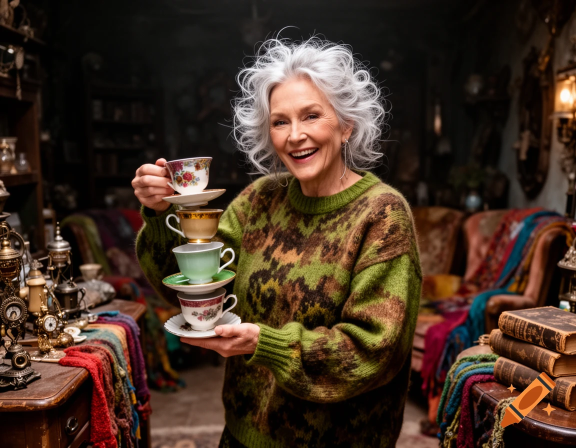 An older woman with white curly hair smiles, holding a stack of four colorful teacups in a cluttered, antique-filled room.