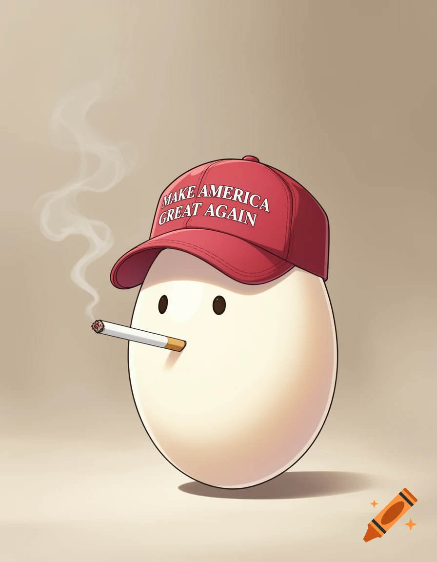 A cartoon egg wearing a red 'MAKE AMERICA GREAT AGAIN' baseball cap smokes a cigarette, against a light background.