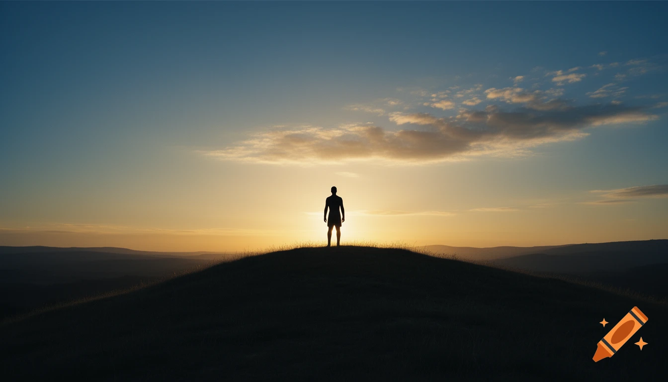 A lone person's silhouette stands on a hill against a vibrant sunrise sky, transitioning from deep blue to gold, in a cinematic landscape.