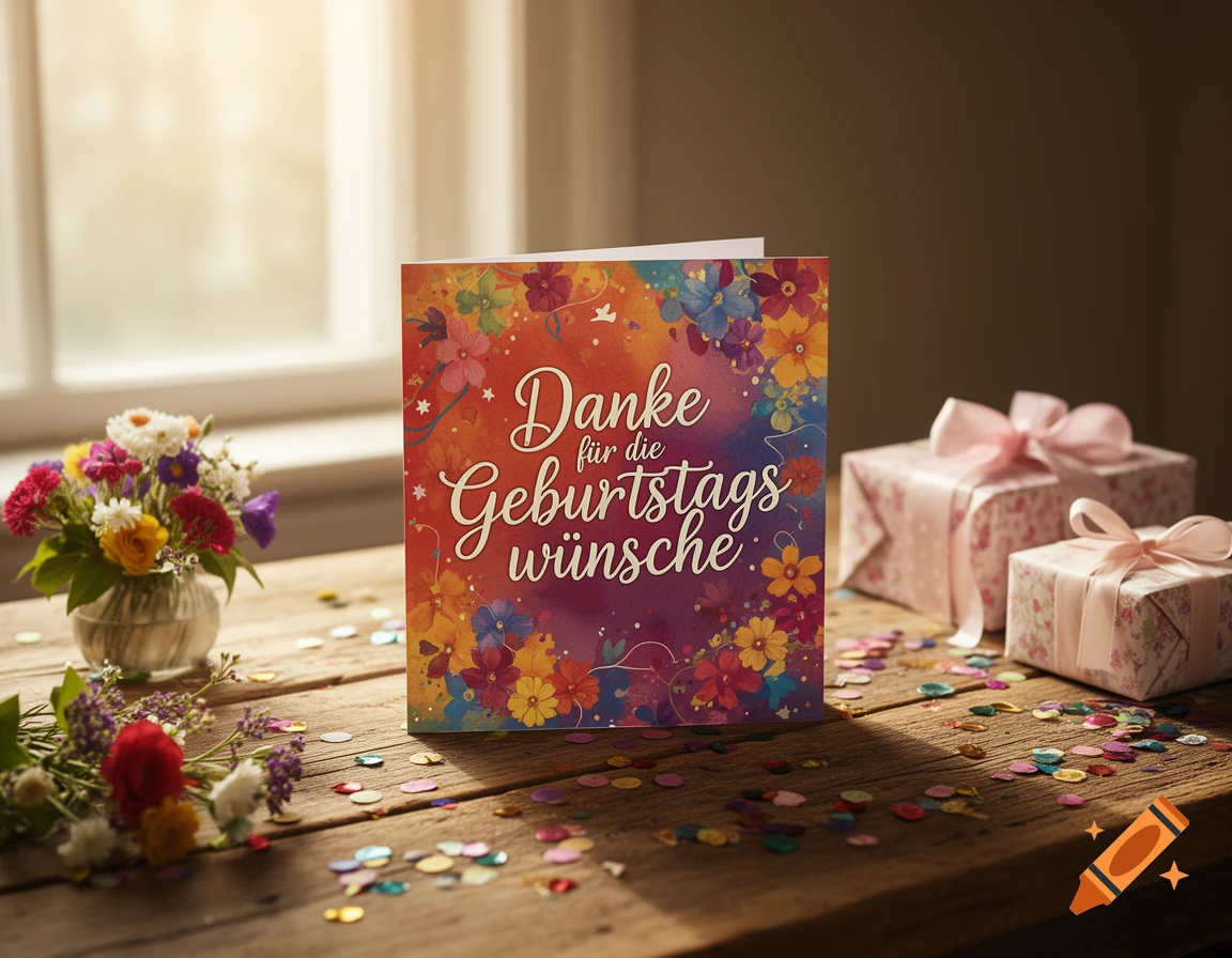 A colorful birthday card with 'Danke f r die Geburtstagsw nsche' sits on a wooden table with wildflowers, confetti, and two pink gifts.