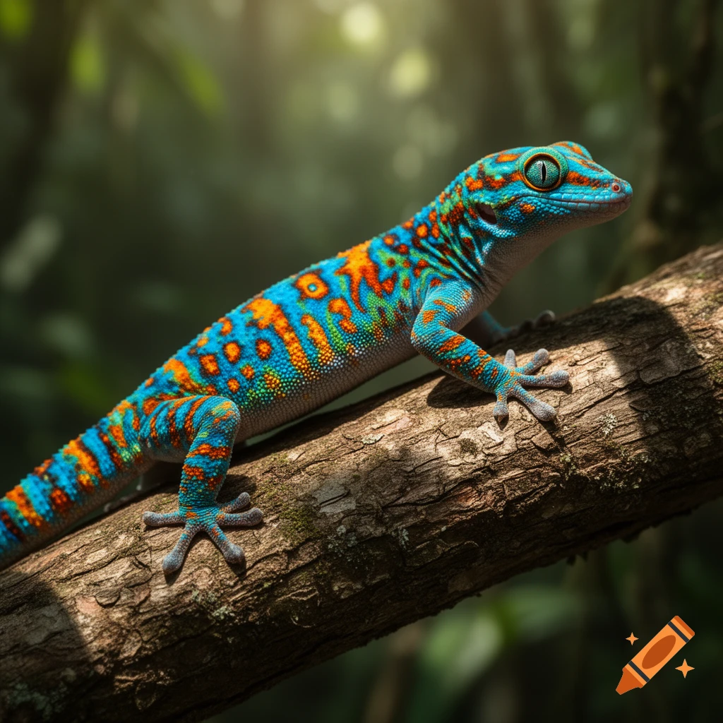 Photorealistic image of a vibrant blue and orange gecko with unique patterns, perched on a tree branch in a lush forest.
