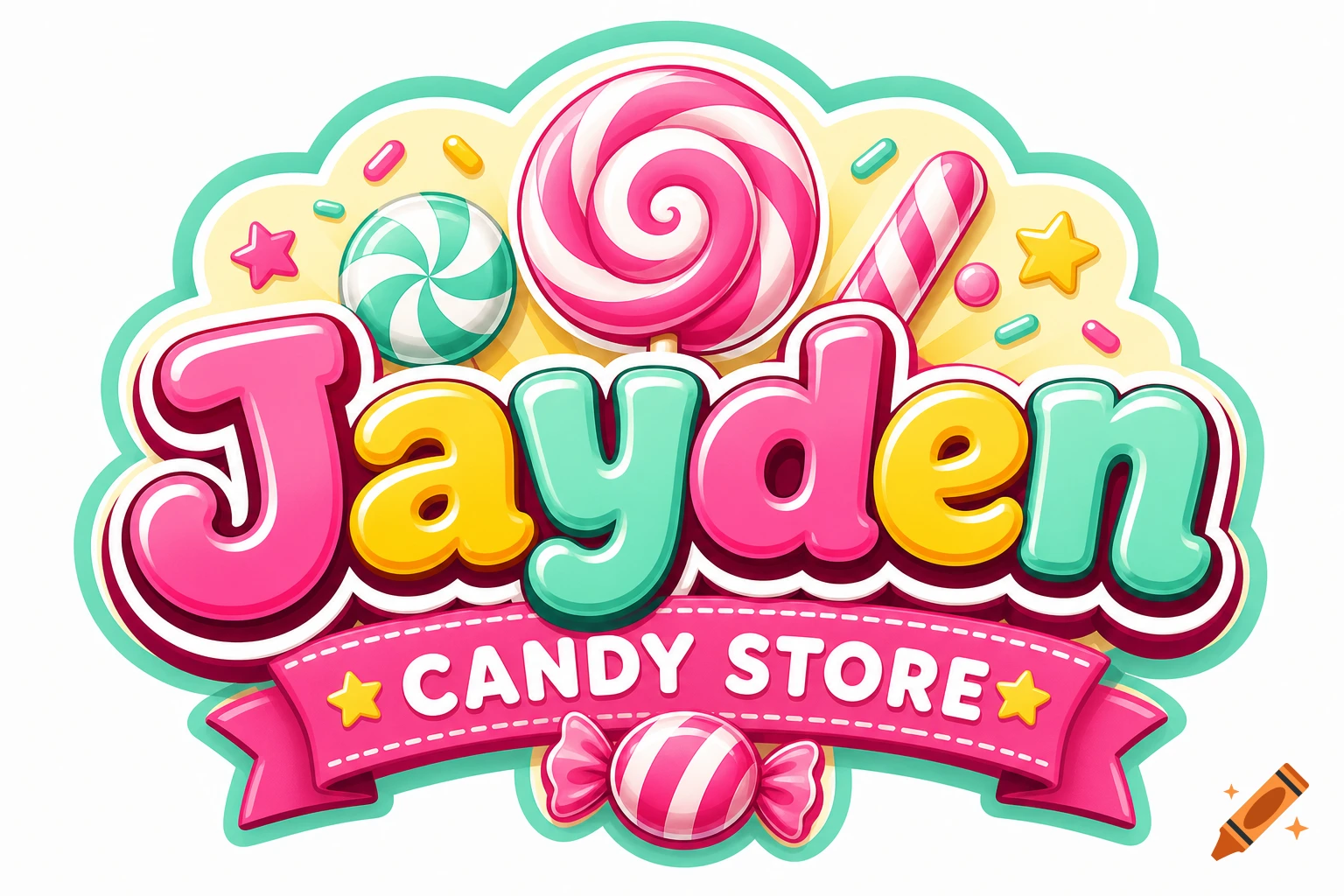 A colorful, cartoonish logo for "Jayden Candy Store" with lollipops, sprinkles, and stars on a cloud-shaped background.