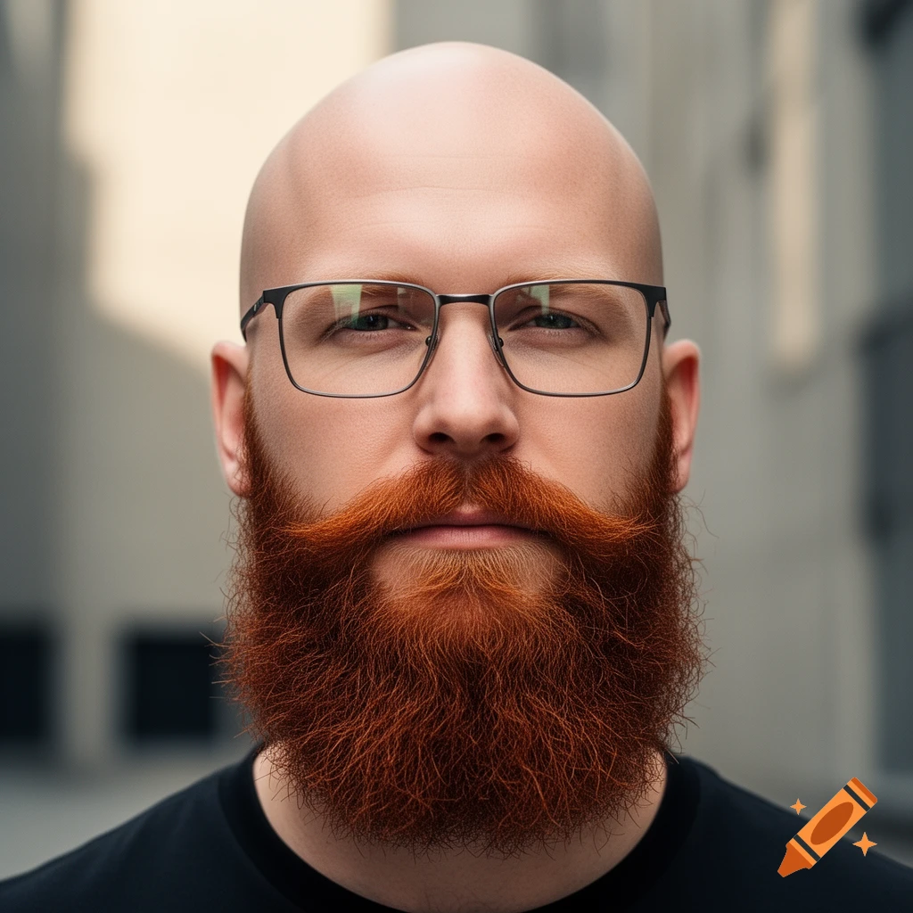 A photorealistic portrait of a bald man with a full red beard and rectangular glasses looking directly at the camera.