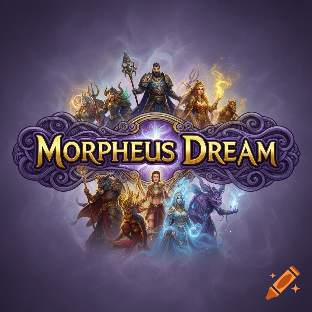 A fantasy game logo titled 'MORPHEUS DREAM' featuring a large group of mythical figures and warriors surrounding the ornate text.