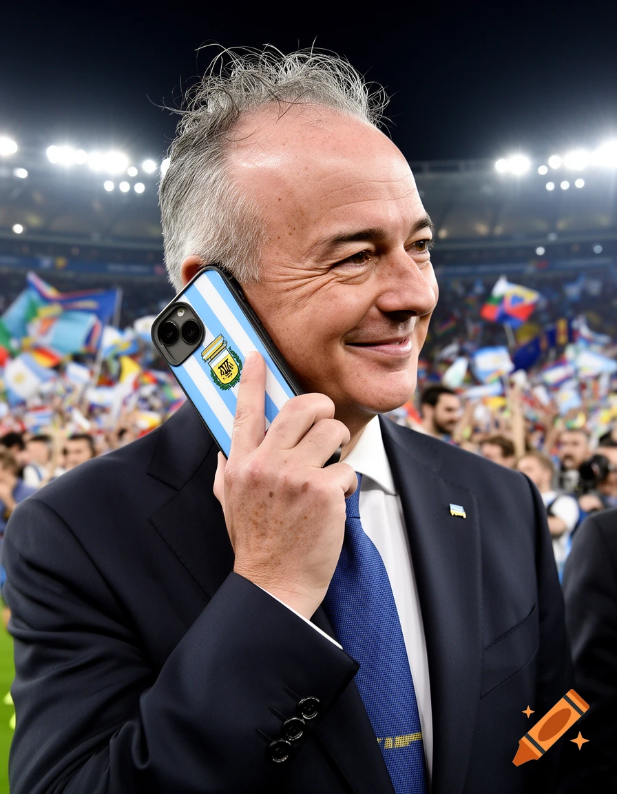 A man resembling Gianni Infantino smiles while holding a phone with an Argentinian flag case to his ear in a crowded stadium.