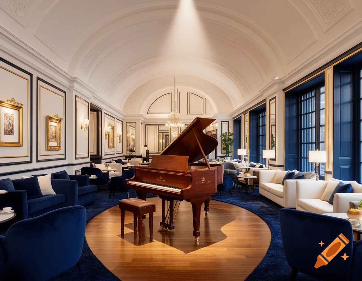 A luxurious lounge with a grand piano, deep navy seating, and gold accents under a high arched ceiling and large windows.