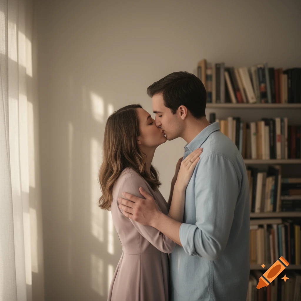 Photorealistic image of a couple kissing affectionately indoors by a window with a bookshelf in the background.