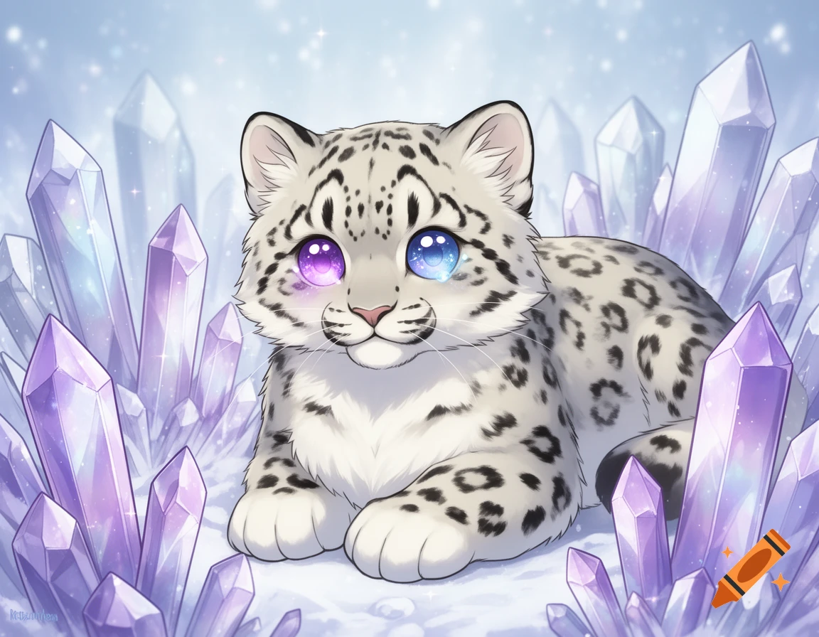 A cute, stylized snow leopard kitten with large, glowing purple and blue eyes lies among sparkling purple and white crystals.
