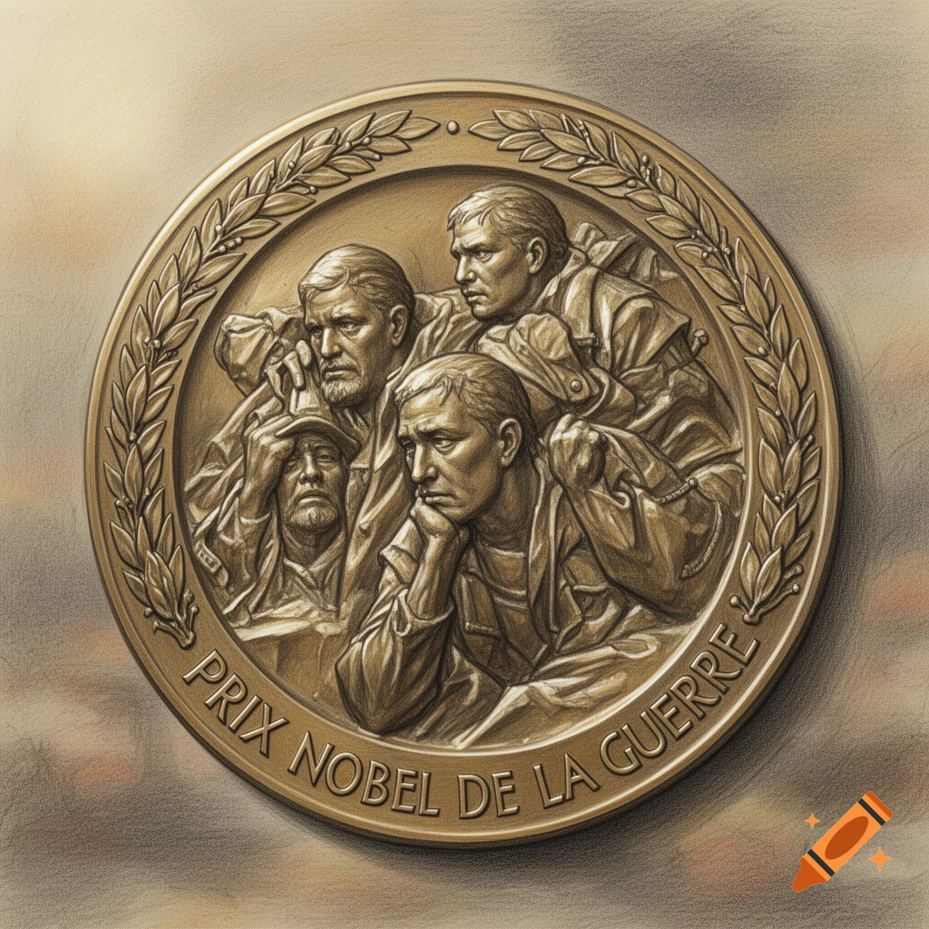 A drawing of a bronze medal featuring a relief sculpture of four somber men and the text 'PRIX NOBEL DE LA GUERRE'.