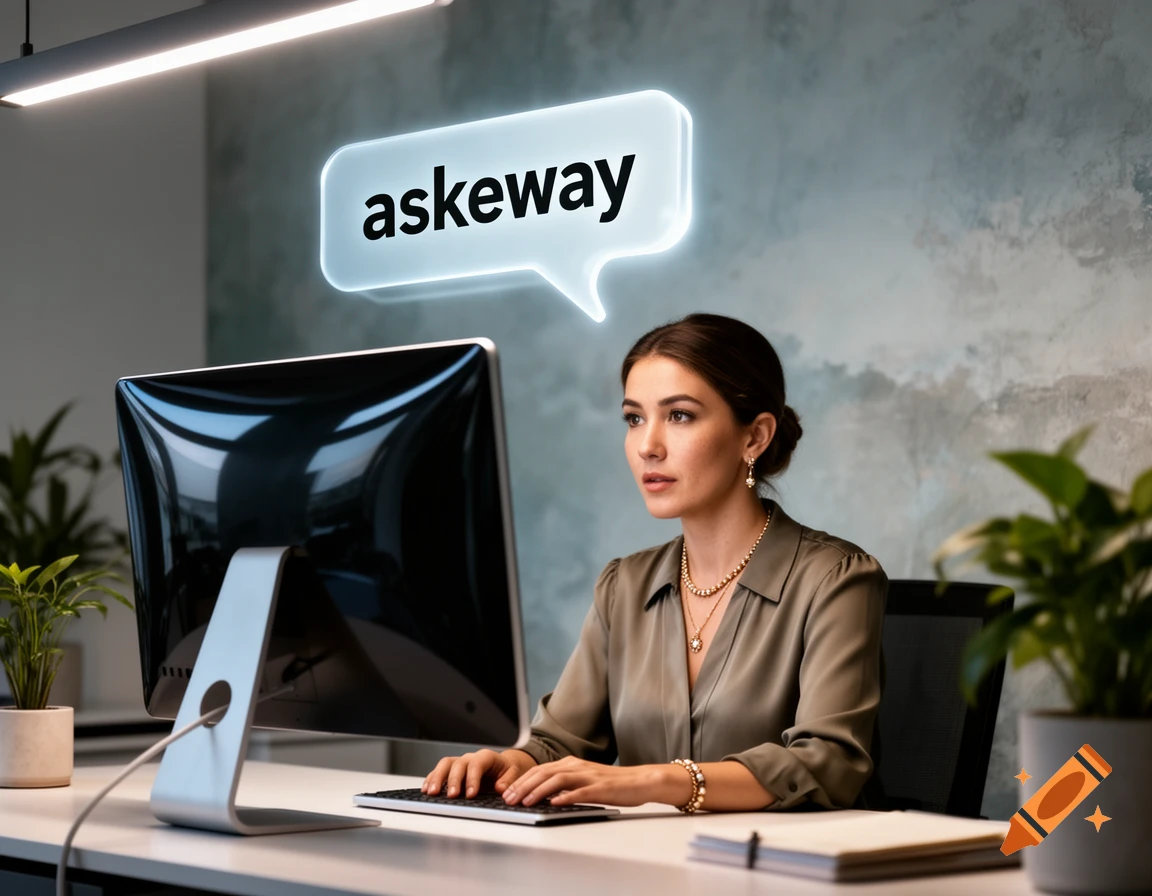 A woman works at a computer in a modern office, with a speech bubble above her head reading "askeway".