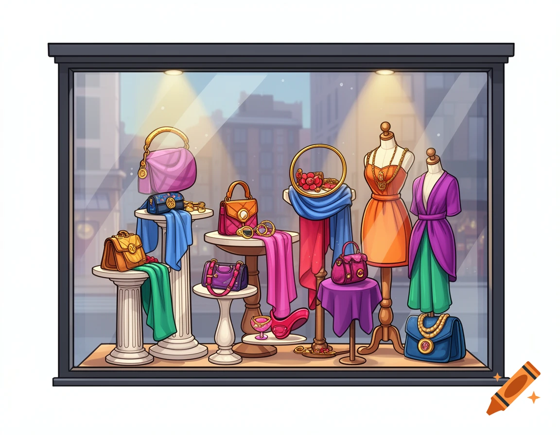 Cartoon illustration of a colorful fashion boutique window display with handbags, scarves, jewelry, and dresses on mannequins.