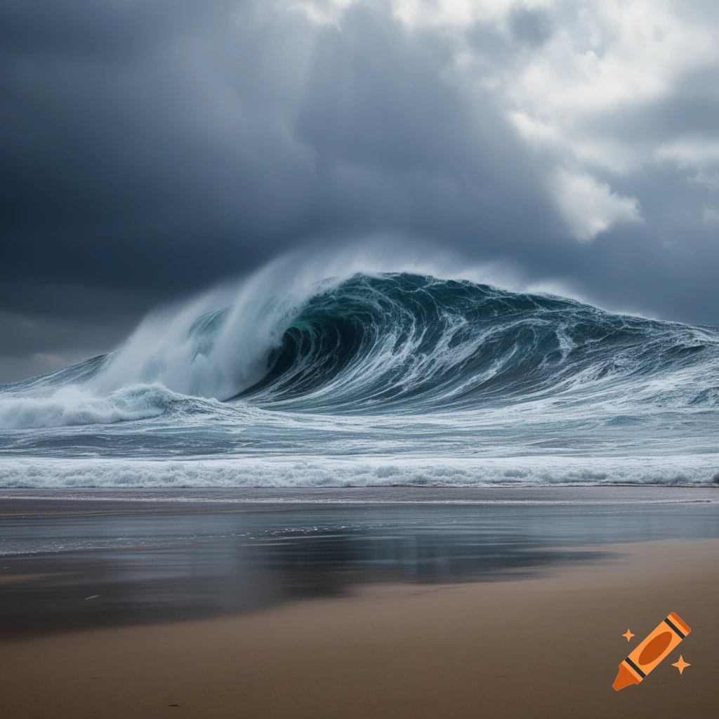 A large, powerful ocean wave crashes onto a sandy beach under a dark, stormy sky.