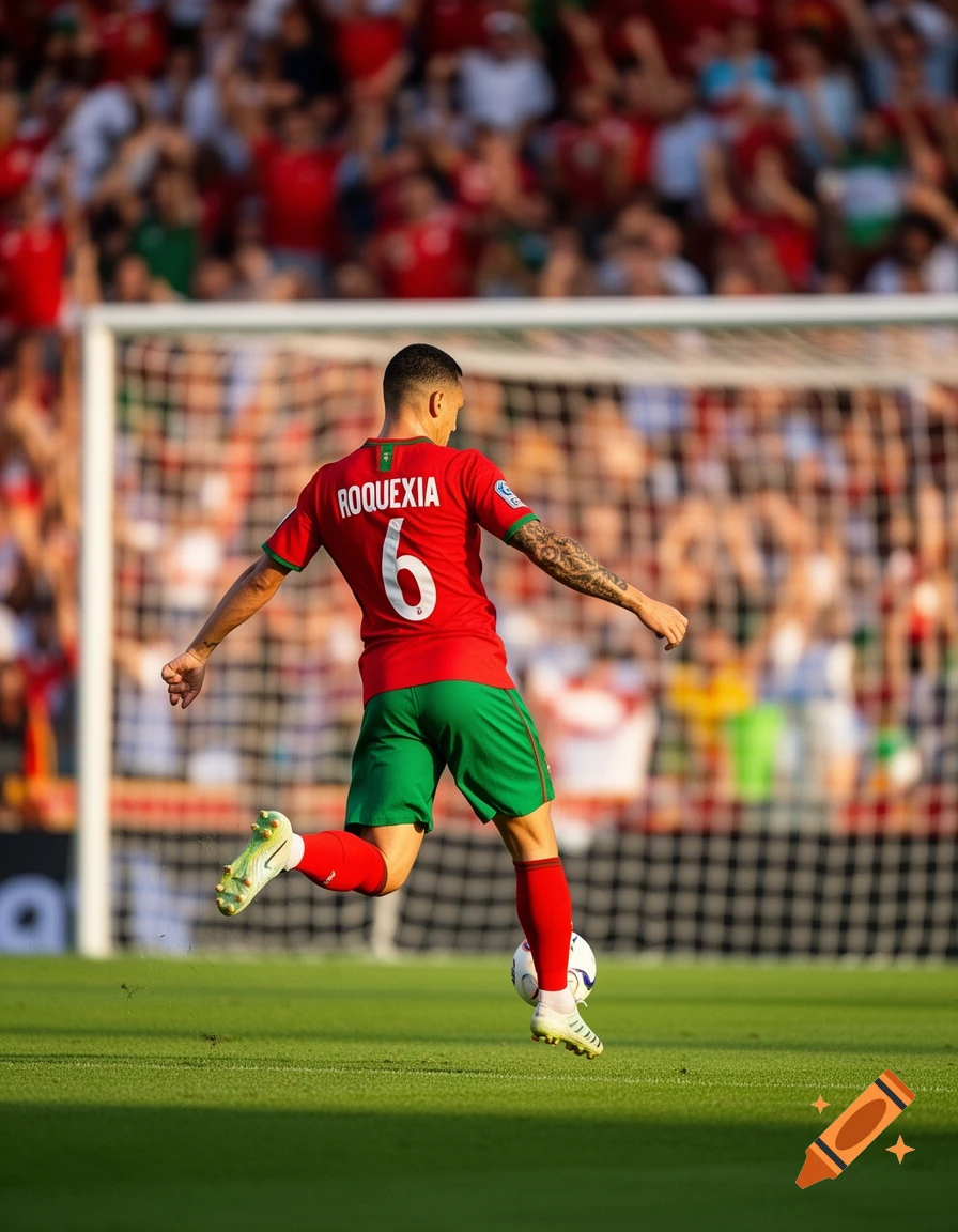 Photorealistic image of a Portuguese soccer player in a red jersey and green shorts kicking a soccer ball on a field with a goal and blurred crowd in the background.