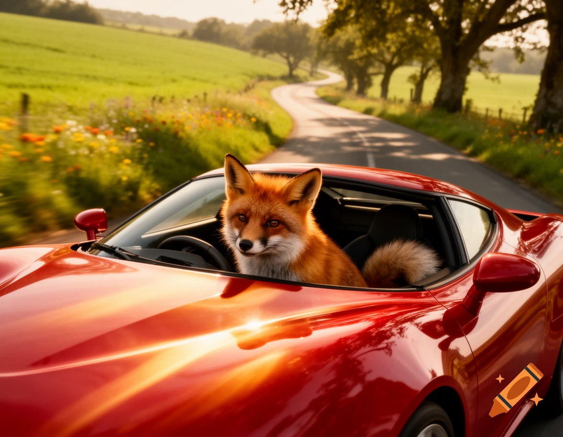 A photorealistic red fox drives a shiny red sports car down a winding country road lined with green fields and trees under a sunny sky.