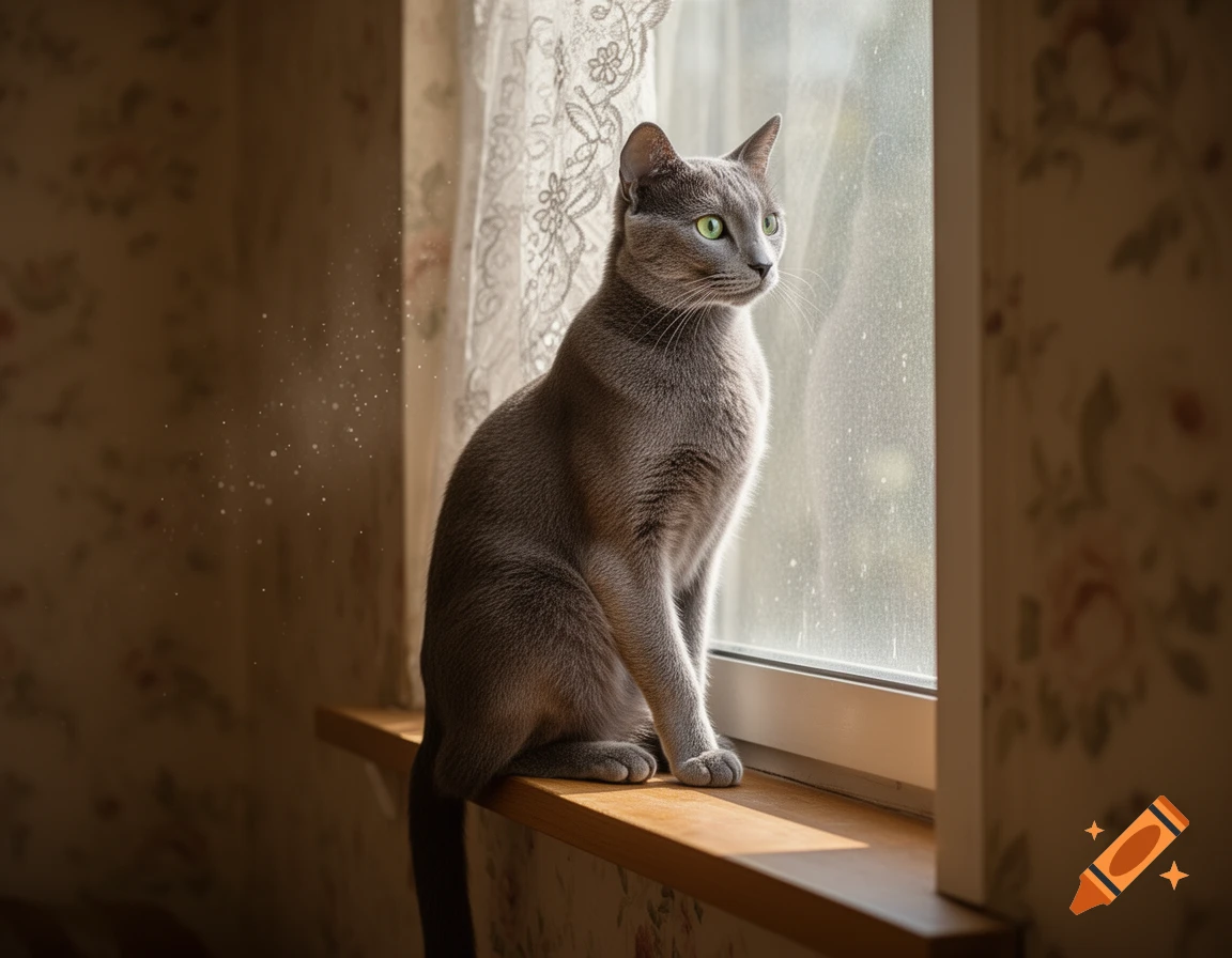 A sleek gray cat with green eyes sits on a sunlit windowsill, gazing out a window with a lace curtain.
