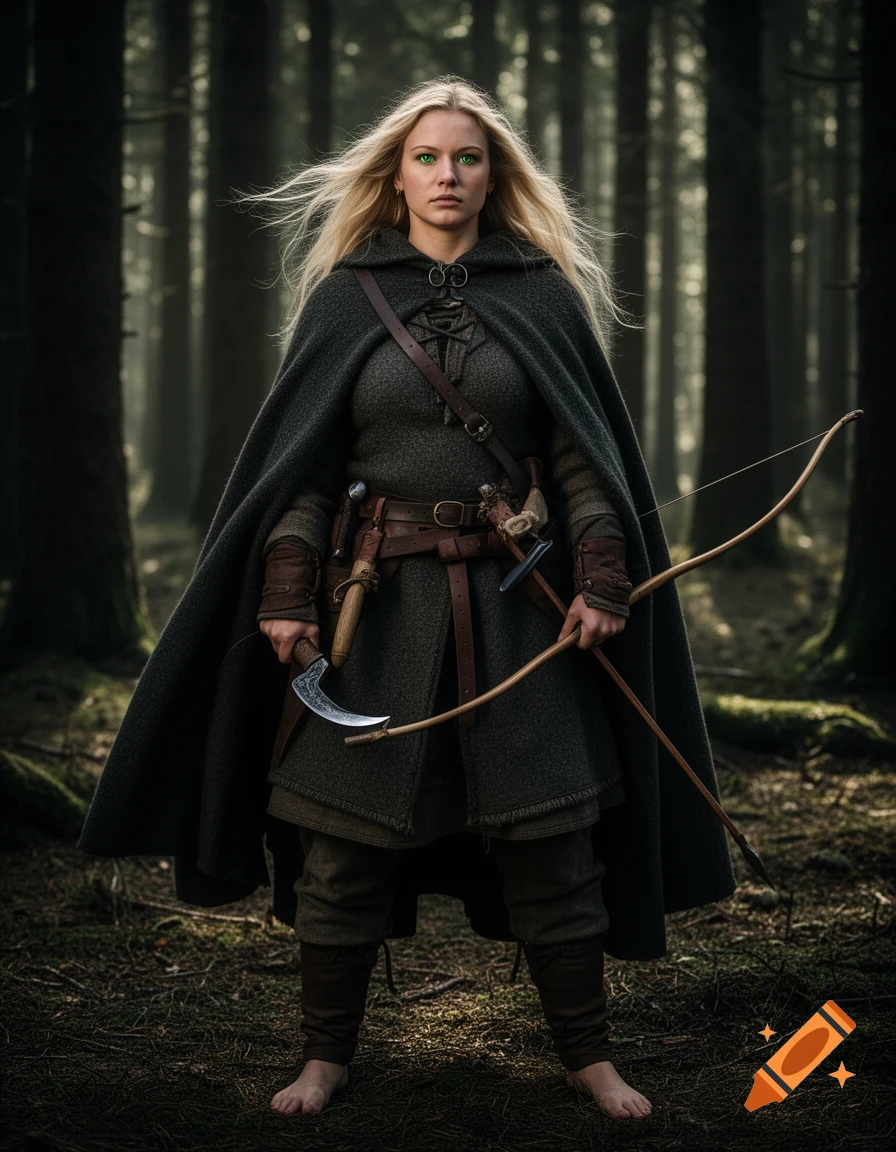 A blonde woman with green eyes, dressed as a Viking warrior, stands barefoot in a dark forest, holding a bow and an axe.
