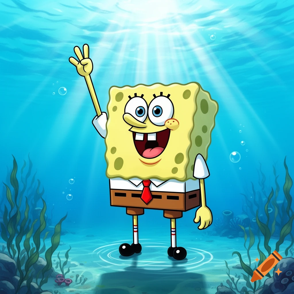Spongebob Squarepants stands underwater with one hand raised, smiling brightly with sunlight rays from above.